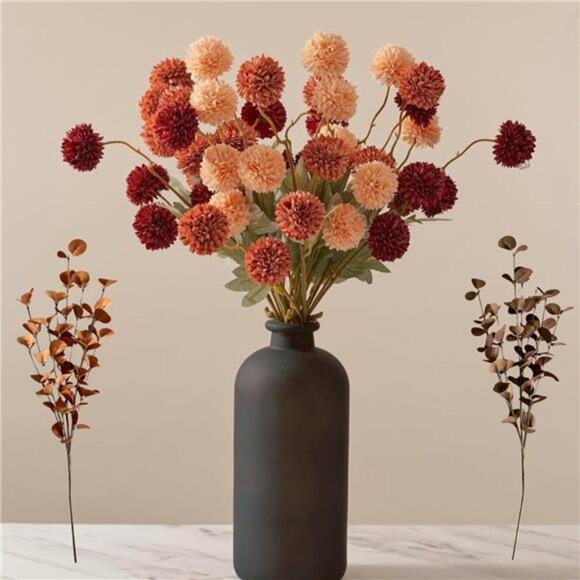 Fall Flowers, Burnt Orange Faux Kiku Flowers Artificial 10 Stems + Eucalyptus - Picture 1 of 7